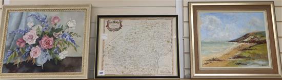 Robert Morden, coloured engraving, Map of Hertfordshire, 37 x 49cm, an oil still life by Joan Hadfield